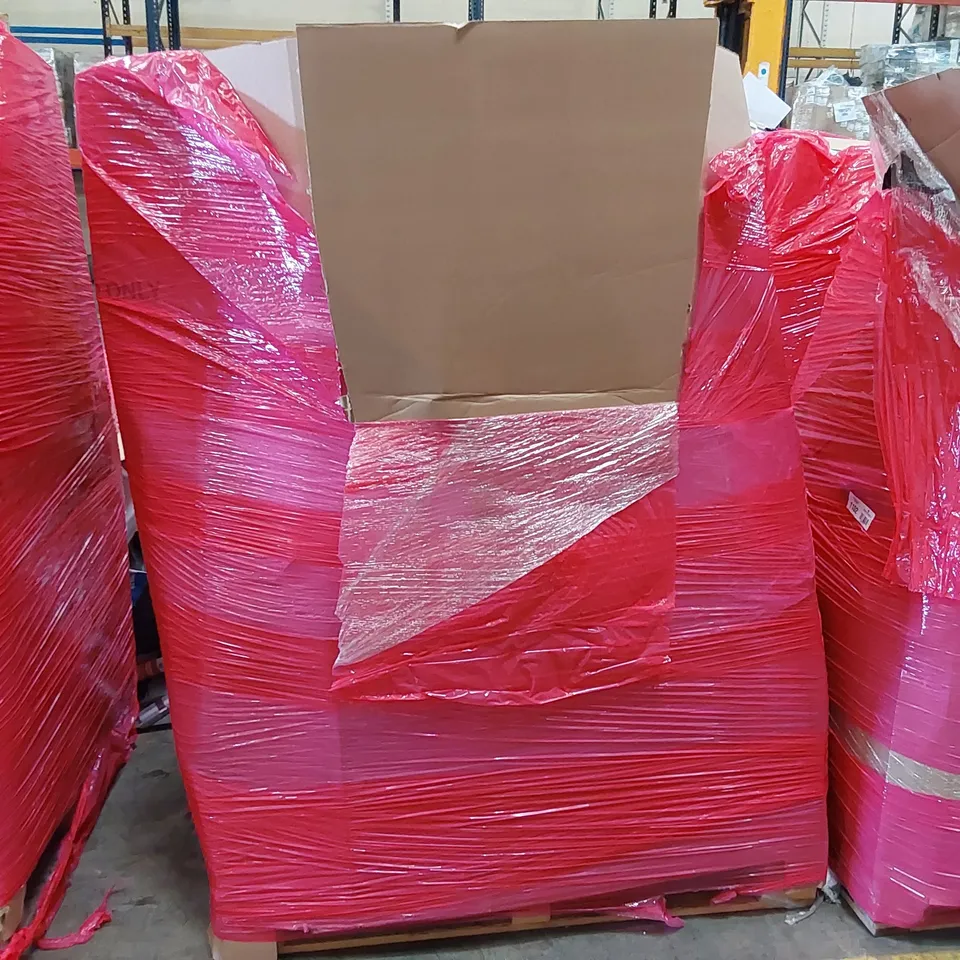 PALLET OF ASSORTED CONSUMER PRODUCTS TO INCLUDE; OFFICE CHAIRS, LARGE WALL CLOCK, BABY CUSHION, GLOW FOAM STICKS ECT