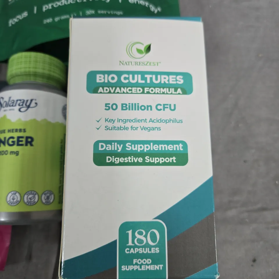 LOT OF 5 ASSORTED FOOD SUPPLEMENTS TO INCLUDE SPACEGOODS MATCHA DUST, BIO CULTURES AND BIOTIN GROWTH+