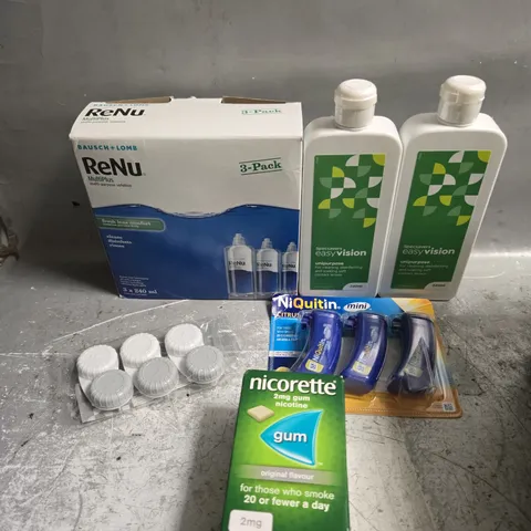 APPROXIMATELY 15 ASSORTED HEALTH PRODUCTS TO INCLUDE CONTACT LENS SOLUTION, NICORETTE PRODUCTS ETC 