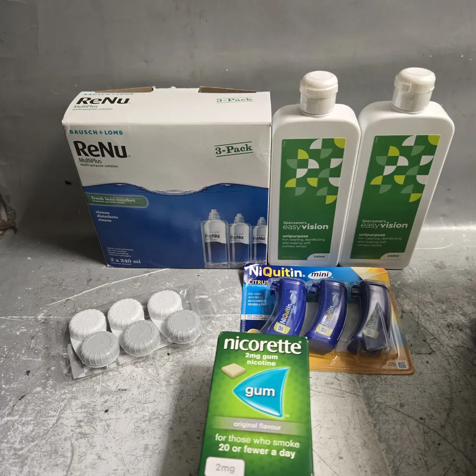 APPROXIMATELY 15 ASSORTED HEALTH PRODUCTS TO INCLUDE CONTACT LENS SOLUTION, NICORETTE PRODUCTS ETC 