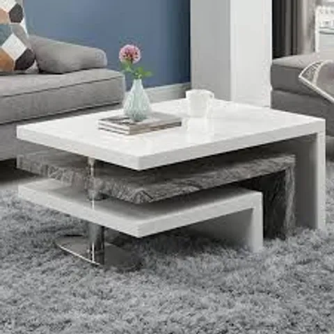 BOXED DESIGN WHITE WITH MELANGE FAUX MARBLE PRINT WITH WHITE ROTATING COFFEE TABLE IN HIGH GLOSS