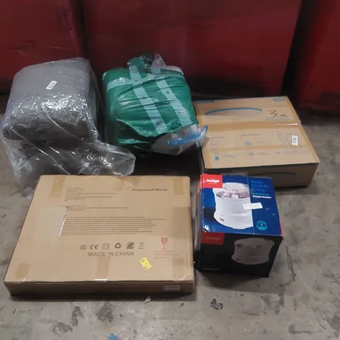PALLET OF ASSORTED ITEMS INCLUDING: CHEST OF DRAWERS, HOLLYWOOD MIRROR, ELECTRIC POTATO PEELER, CEILING FAN LIGHT, RUGS ECT