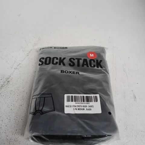 SOCK STACK MEN'S LYCRA STRETCH BOXER SHORTS 5-PACK, MEDIUM, BLACK
