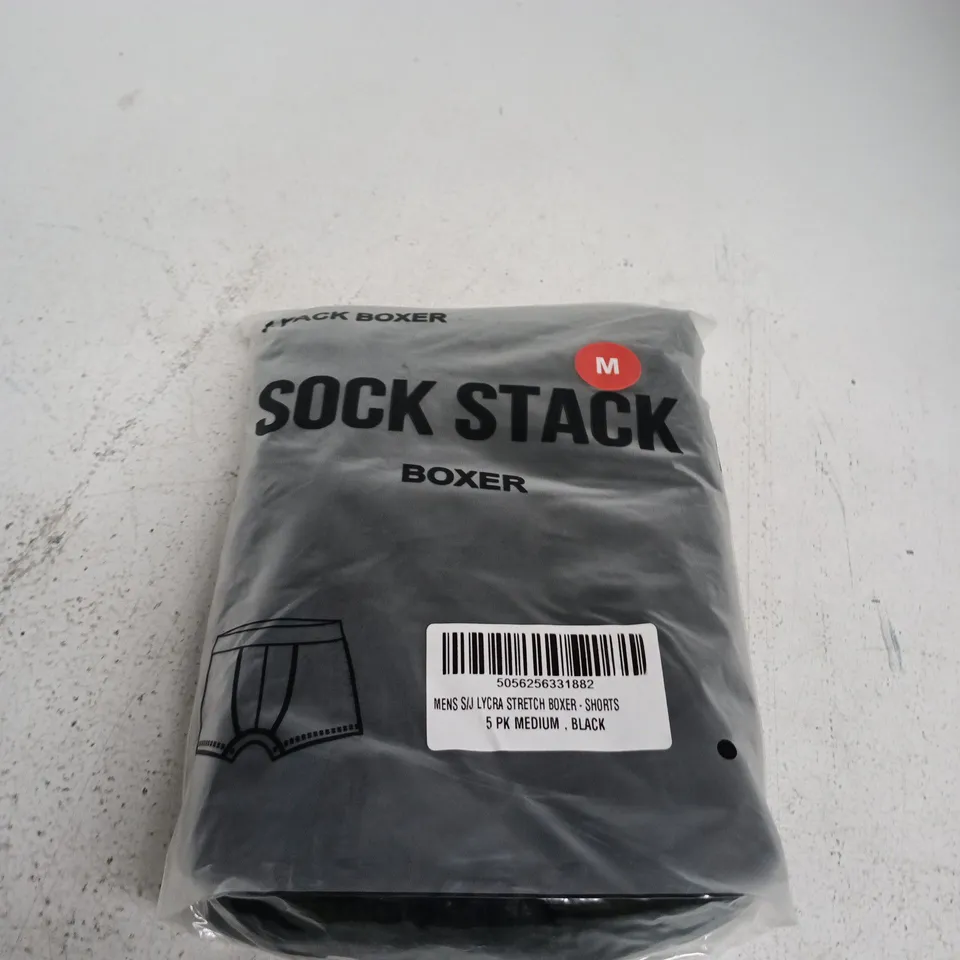 SOCK STACK MEN'S LYCRA STRETCH BOXER SHORTS 5-PACK, MEDIUM, BLACK