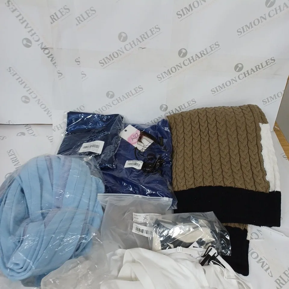 LARGE BOX OF ASSORTED CLOTHING ITEMS IN VARIOUS COLOURS AND SIZES INCLUDING TROUSERS , TOPS AND JUMPERS 