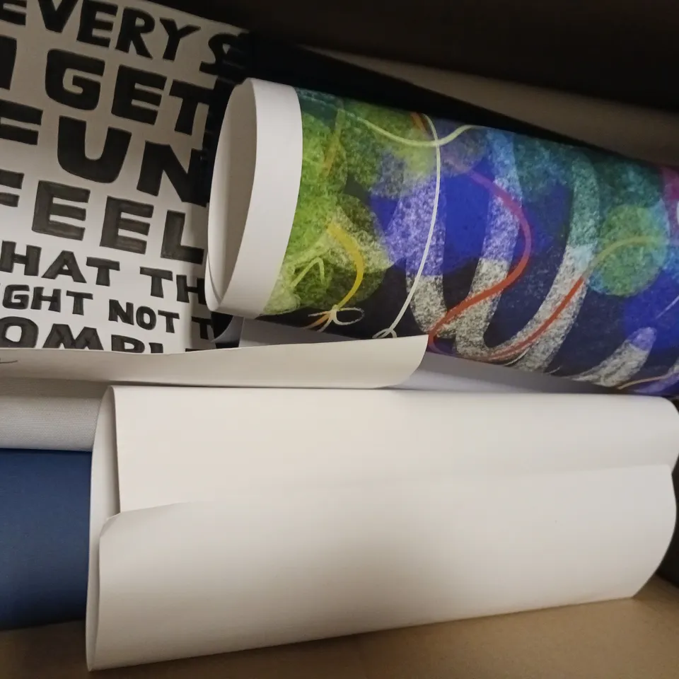 BOX OF APPROXIMATELY 10 ASSORTED ART PRINTS OF VARIOUS STYLES TO INCLUDE THYE BEATLES ALBUM TRAIN MAP, THE MAYFAIR NIRVANA 1991 POSTER, ETC