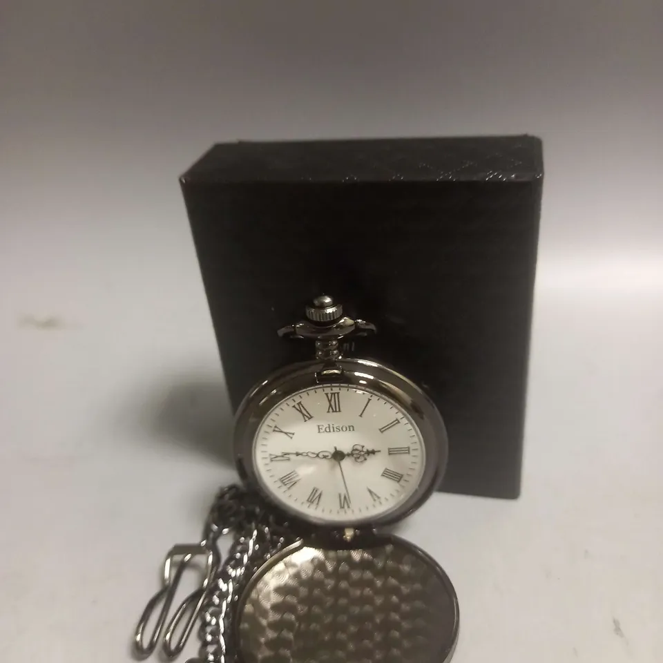 BOXED EDISON CHAIN POCKET WATCH IN BLACK METAL