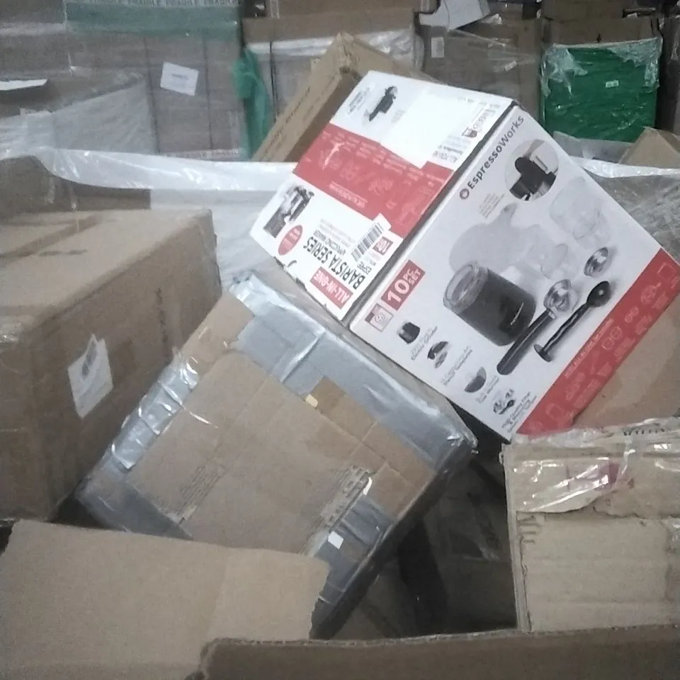 PALLET OF ASSORTED BOXED ITEMS INCLUDING BARISTA SERIES ESPRESSO MAKER , HUMIDIFYING BLADELESS FAN, TOILET SEAT AND FORIOUS KITCHEN TAP 