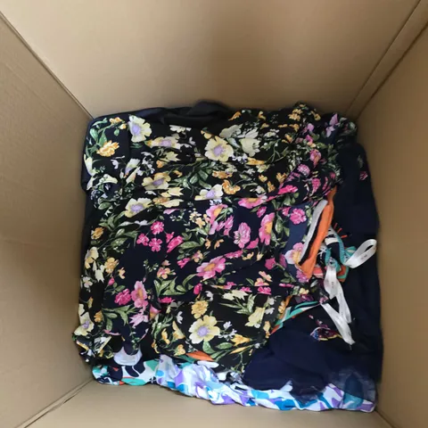 LARGE BOX OF ASSORTED CLOTHING ITEMS IN VARIOUS COLORS, SIZES AND STYLES - COLLECTION ONLY