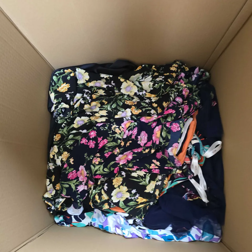 LARGE BOX OF ASSORTED CLOTHING ITEMS IN VARIOUS COLORS, SIZES AND STYLES - COLLECTION ONLY 
