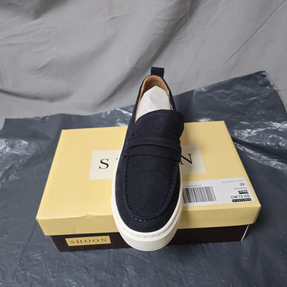 SHOON NAVY SUEDE SLIP-ON LOAFERS – BOXED SIZE 40