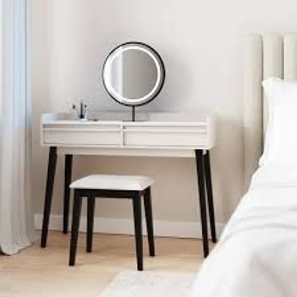 BOXED PHOEBE DRESSING TABLE WITH ROUND LED MIRROR AND STOOL (1 BOX)