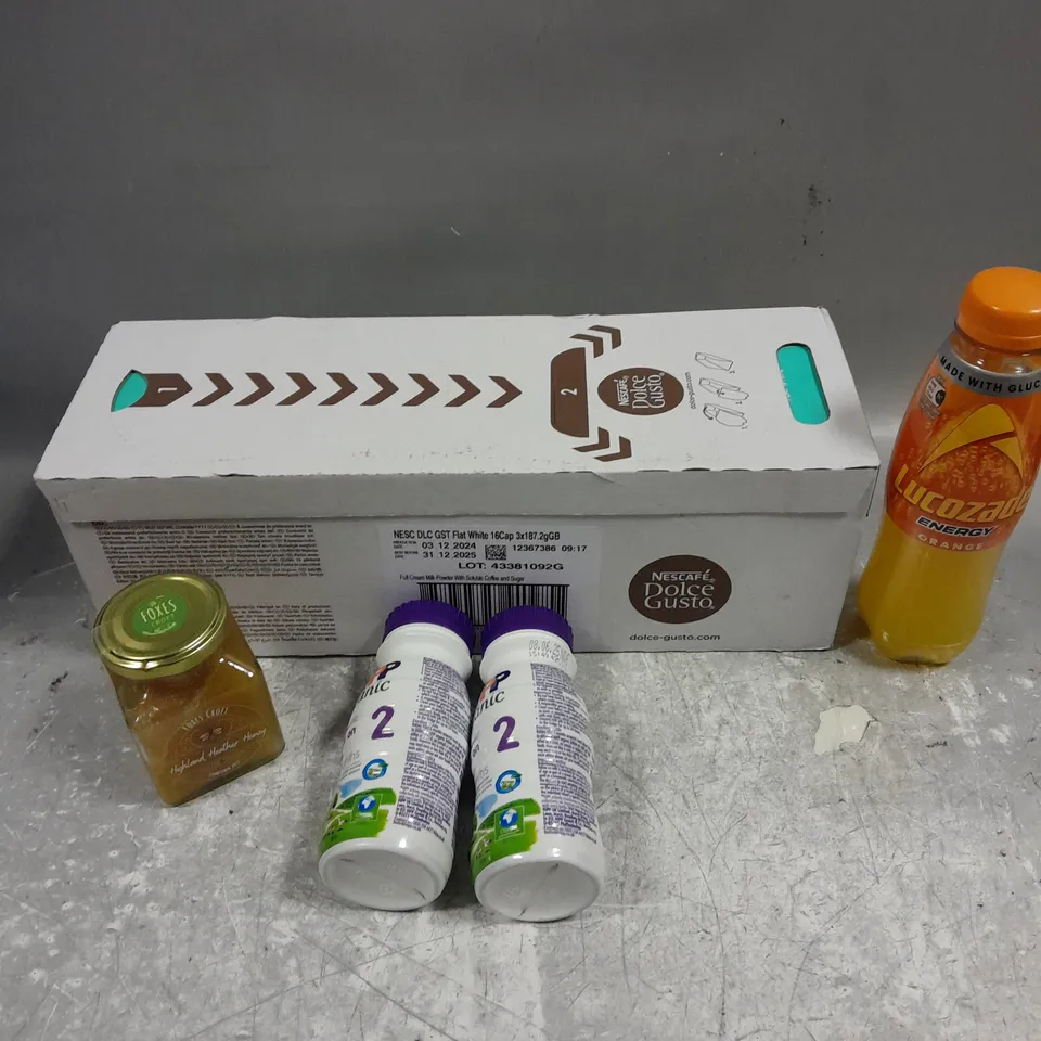 APPROXIMATELY 5 ASSORTED FOOD/DRINK PRODUCTS TO INCLUDE DOLCE GUSTO COFFEE, HEATHER HONEY, HIPP FOLLOW ON MILK ETC - COLLECTION ONLY 