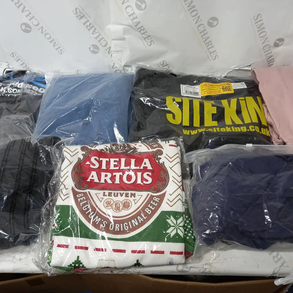 LARGE BOX OF ASSORTED CLOTHING ITEMS IN VARIOUS COLOURS AND SIZES INCLUDING TROUSERS , TOPS AND JUMPERS 