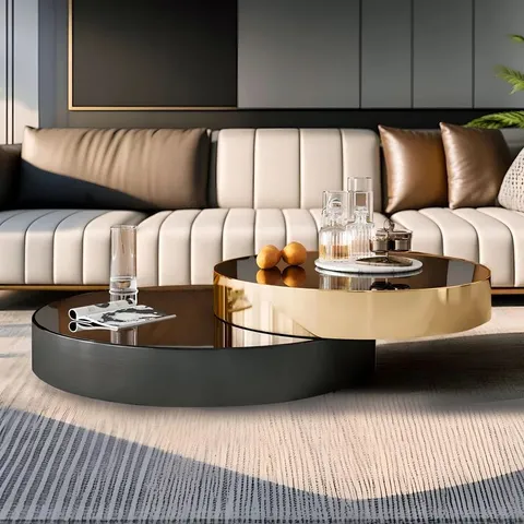 BOXED MODERN OVERSIZE ROUND COFFEE TABLE SET, EXTENDABLE NESTING TABLE GOLD & BLACK FINISH WITH GLASS TOP