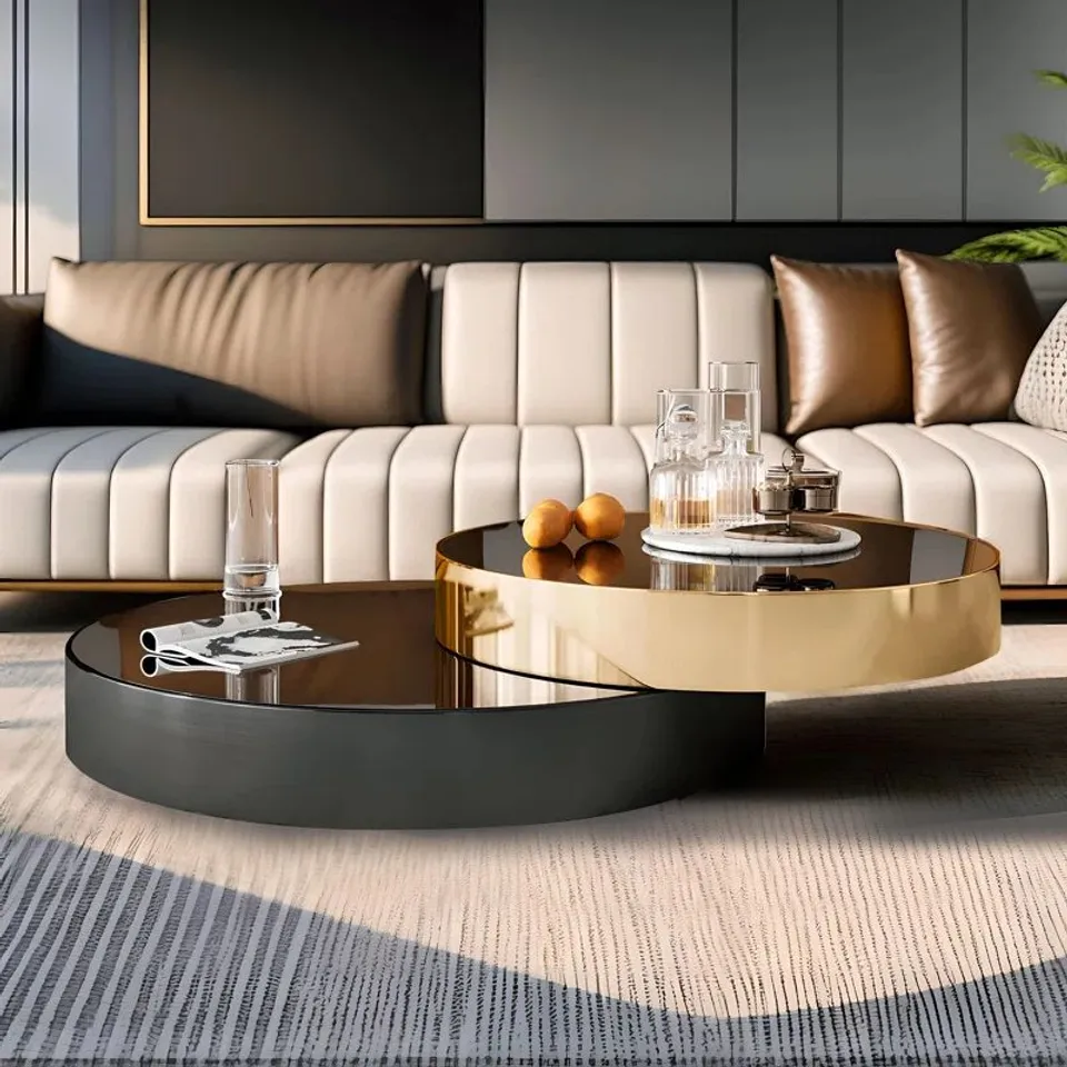 BOXED MODERN OVERSIZE ROUND COFFEE TABLE SET, EXTENDABLE NESTING TABLE GOLD & BLACK FINISH WITH GLASS TOP