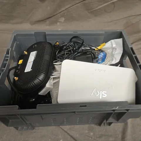 TOTE OF APPROXIMATELY 10 ASSORTED HOUSEHOLD ITEMS TO INCLUDE WIFI ROUTERS, CABLES AND REMOTE CONTROLS