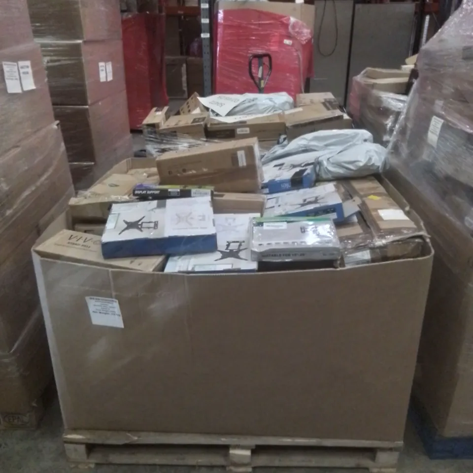PALLET CONTAINING LARGE QUANTITY OF TV MONTS TO INCLUDE; WALL MOUNT, DESK MOUNTED, CEILING TV BRACKETS ETC