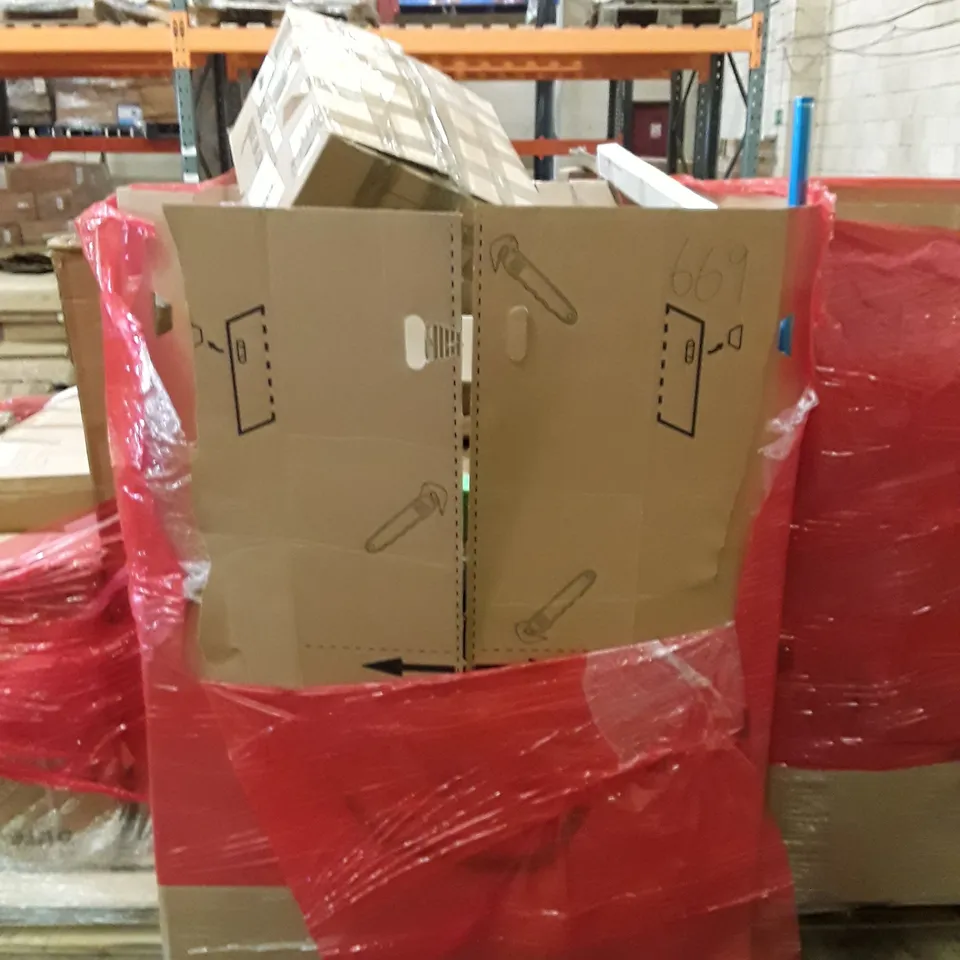 PALLET OF ASSORTED HOUSEHOLD GOODS AND PRODUCTS TO INCLUDE; RICE COOKER, OUTDOOR FIRE PIT, BASKETBALL HOOP BOXED FURNITURE ECT