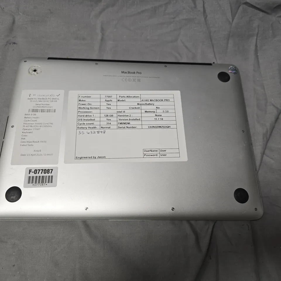 APPLE MACBOOK PRO A1502 15-INCH RETINA LAPTOP