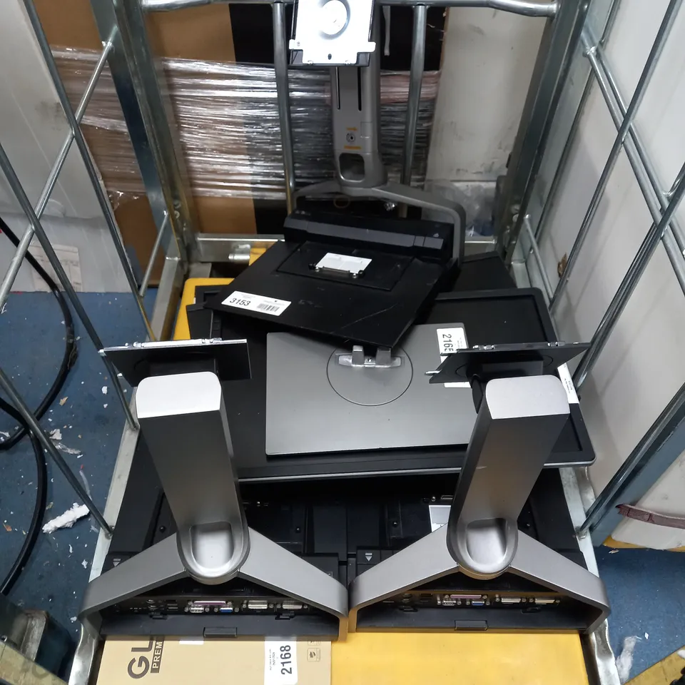 CAGE OF ASSORTED ITEMS TOO INCLUDE MONITORS AND MONITORS STANDS 