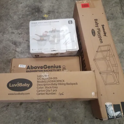 PALLET CONTAINING ASSORTED PRODUCTS INCLUDING BABY HIKING BACKPACK, BABY PLAYPEN, BADMINTON RACKETS SET & NON STICK COOKWARE