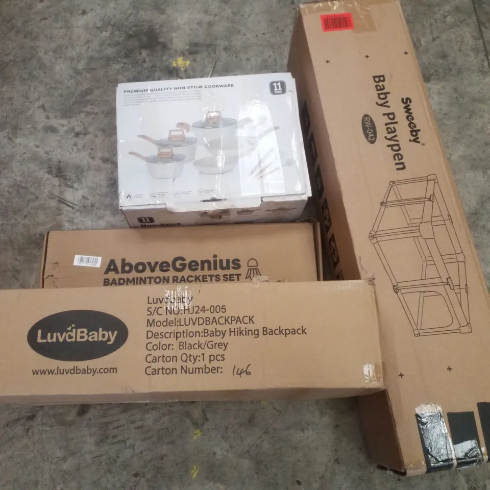 PALLET CONTAINING ASSORTED PRODUCTS INCLUDING BABY HIKING BACKPACK, BABY PLAYPEN, BADMINTON RACKETS SET & NON STICK COOKWARE