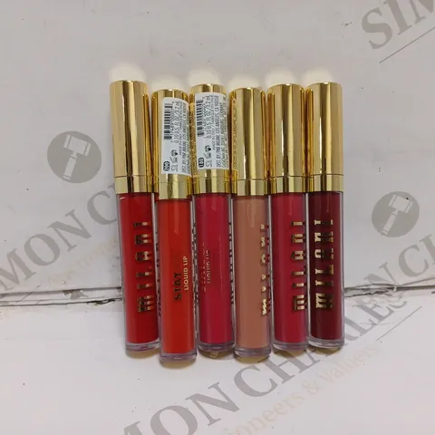 6 MILANI STAY PUT LIQUID LIP LONGWEAR LIPSTICK TO INCLUDE 170 UNHINGED, 200 THAT GIRL, 220 GO OFF SHADES   