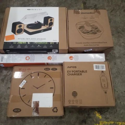 PALLET CONTAINING ASSORTED PRODUCTS INCLUDING WALL CLOCK, EV PORTABLE CHARGER, RETRACTABLE SAFTEY GATE, FOOT SPA & AUDIO TURNTABLE