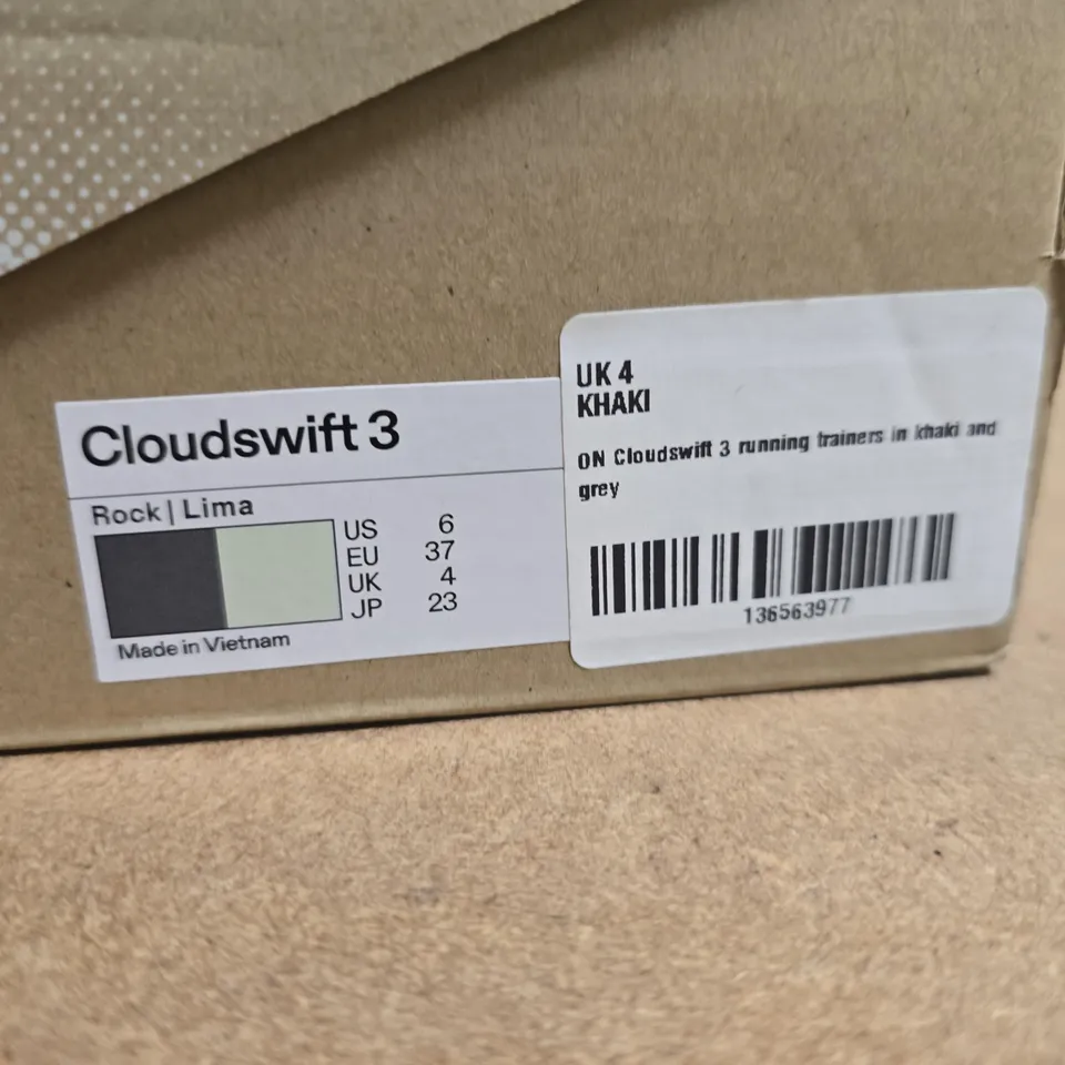 BOXED PAIR OF ON RUNNING CLOUDSWIFT 3 WOMEN'S RUNNING TRAINERS – UK4, KHAKI/GREY