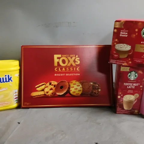 TOTE OF APPROX 6 ASSORTED FOOD ITEMS TO INCLUDE - FOX'S CLASSICS , NESQUIK BANANA , STARBUCKS TOFFEE NUT LATTE ETC