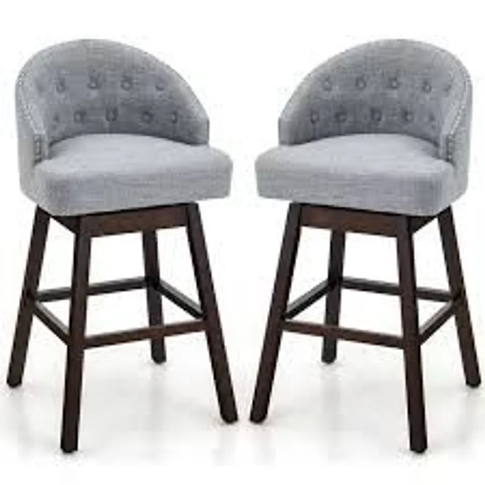 BOXED COSTWAY SET OF 2 SWIVEL BAR STOOLS WITH RUBBER WOOD LEGS AND PADDED BACK - GREY