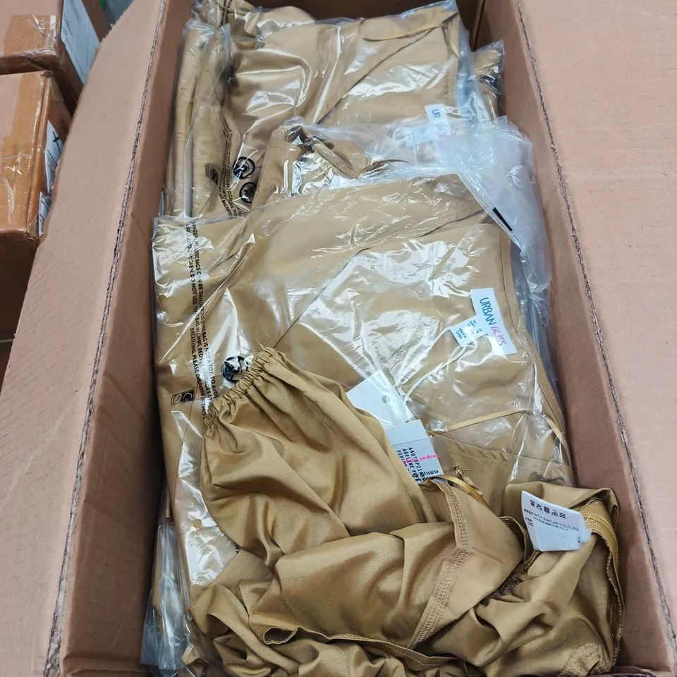 BOX OF APPROXIMATELY 50 URBAN BLISS WOMEN'S MUSTARD BLOUSE – PUFF SLEEVES, PEPLUM HEM - SIZES 6 / 8 / 10 /12