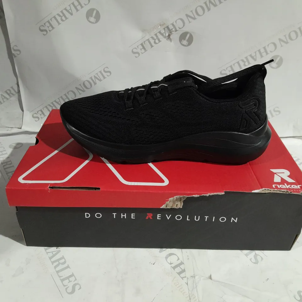 BOX OF 6 PAIRS OF RIEKER BLACK TRAINERS SIZE 5