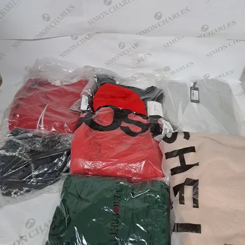 LARGE BOX OF ASSORTED CLOTHING ITEMS IN VARIOUS COLOURS AND SIZES INCLUDING TROUSERS , TOPS AND JUMPERS