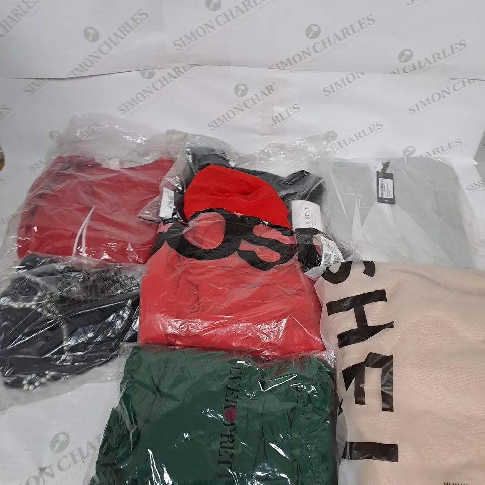 LARGE BOX OF ASSORTED CLOTHING ITEMS IN VARIOUS COLOURS AND SIZES INCLUDING TROUSERS , TOPS AND JUMPERS 