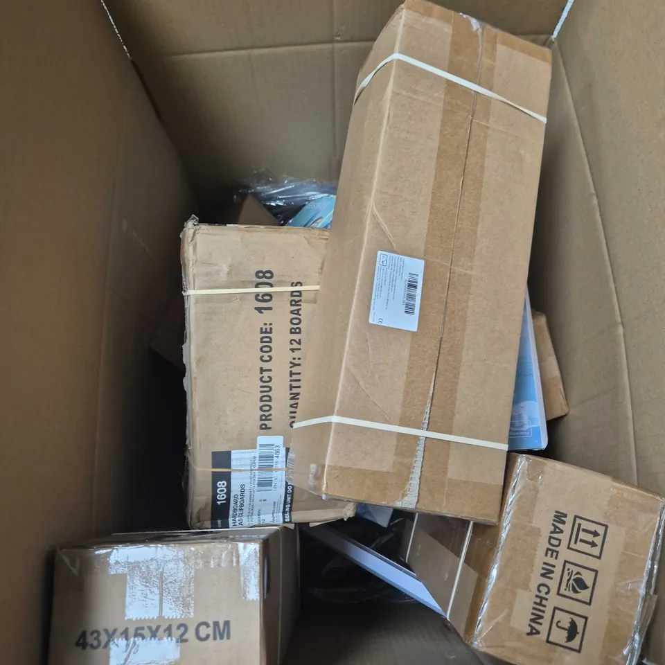 BOX OF APPROXIMATELY 10 ITEMS INCLUDING A SHOE RACK, A5 CLIPBOARDS AND A MAGNETIC SCREEN DOOR