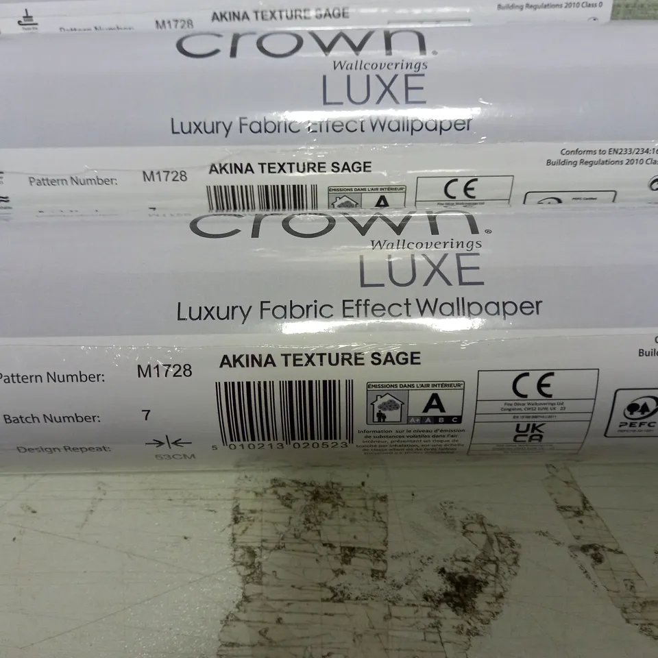LOT OF 6 CROWN LUXE LUXURY FABRIC EFFECT WALLPAPER IN AKINA TEXTURE SAGE