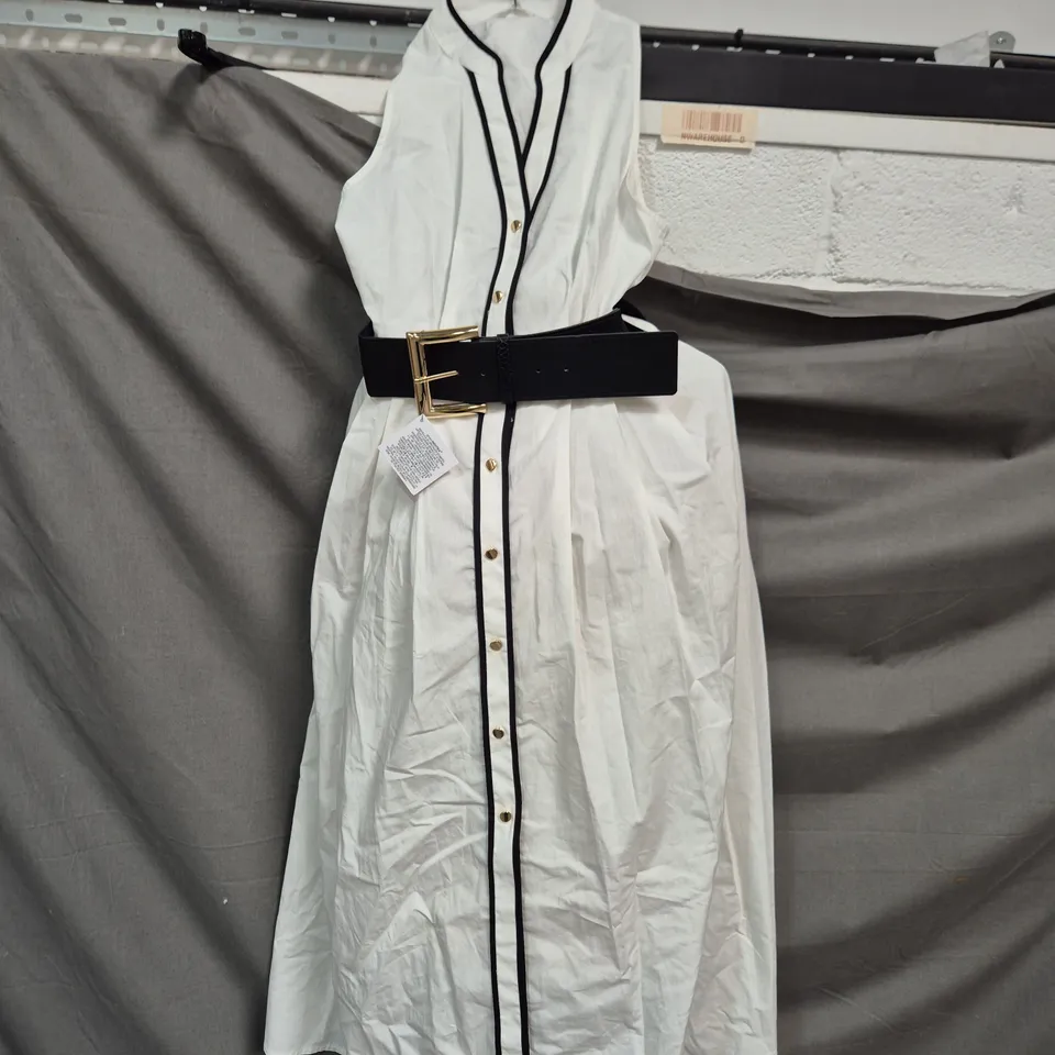 ZARA WOMEN'S WHITE DRESS WITH BLACK PIPING AND BELT – SIZE S