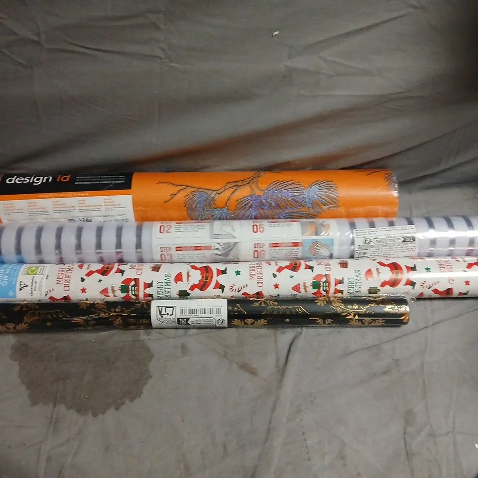 BOX OF APPROXIMATELY 20 ASSORTED ROLLS OF WALLPAPER AND WRAPPING PAPER.
