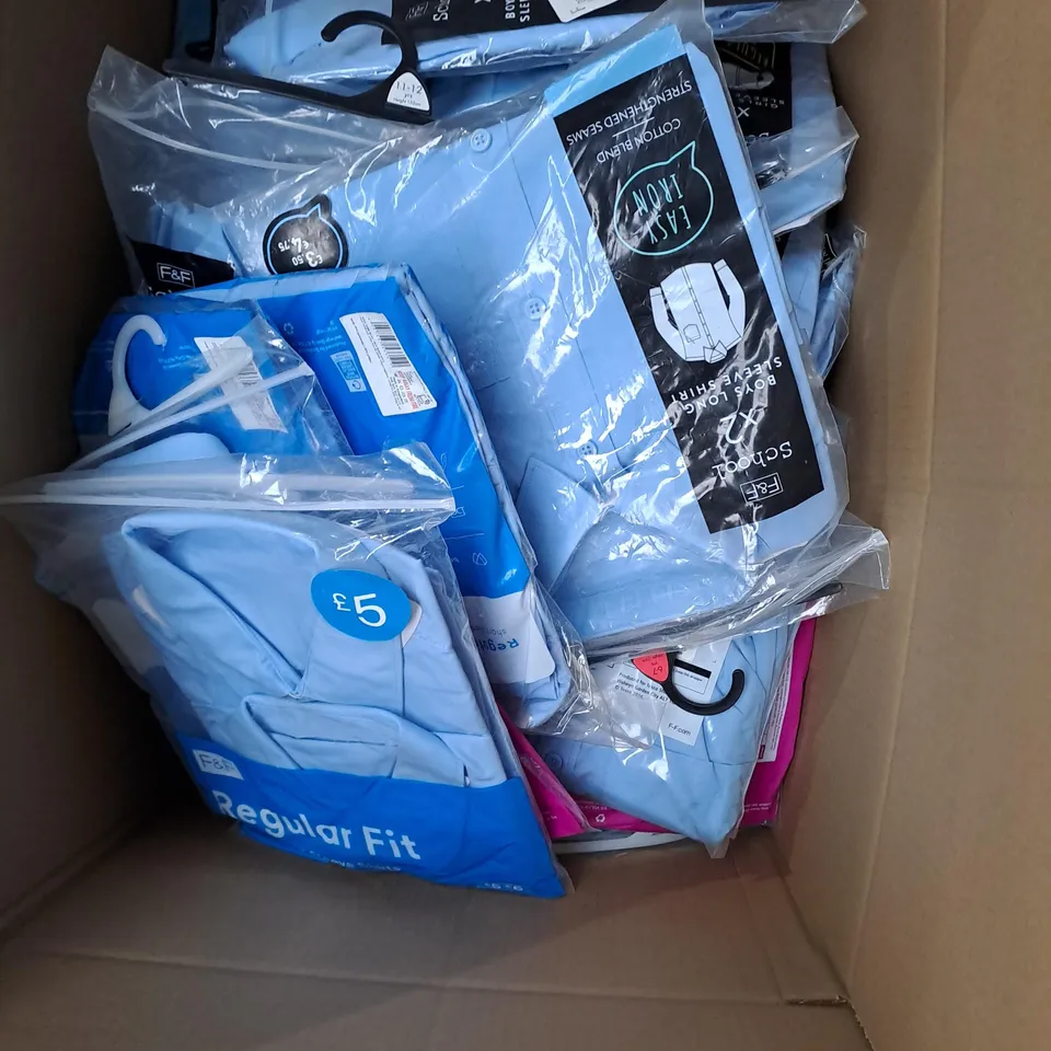 BOX OF APPROXIMATELY 50 SCHOOL CLOTHING ITEMS TO INCLUDE SHIRTS AND BLAZERS IN VARIOUS SIZES - COLLECTION ONLY