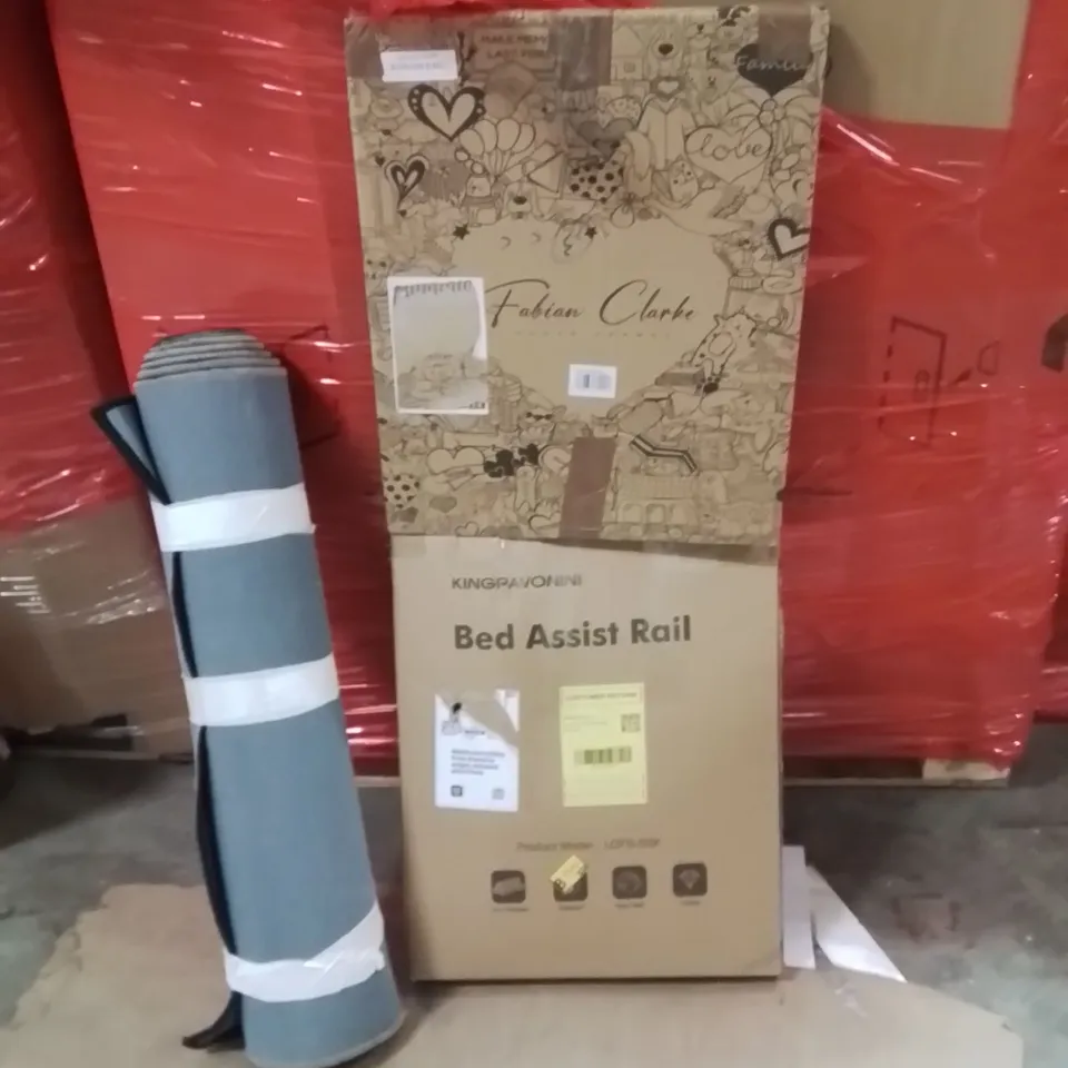 PALLET OF ASSORTED HOUSEHOLD GOODS AND PRODUCTS TO INCLUDE;BED ASSIST RAIL,RUG,PHOTO FRAMES