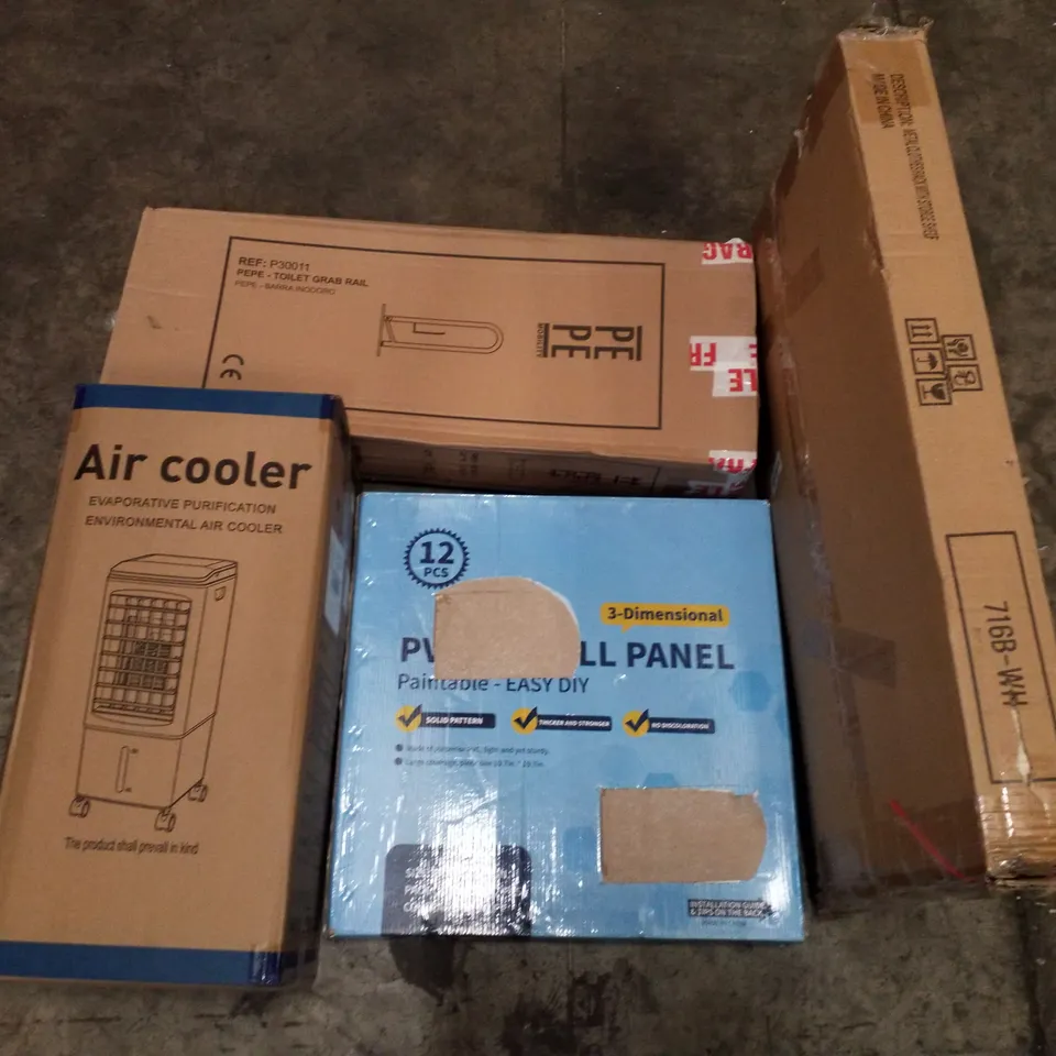PALLET OF ASSORTED PRODUCTS INCLUDING AIR COOLER, TOILET GRAB RAIL, METAL CLOTHES RACK WITH STORAGE SHELF, PVC WALL PANEL