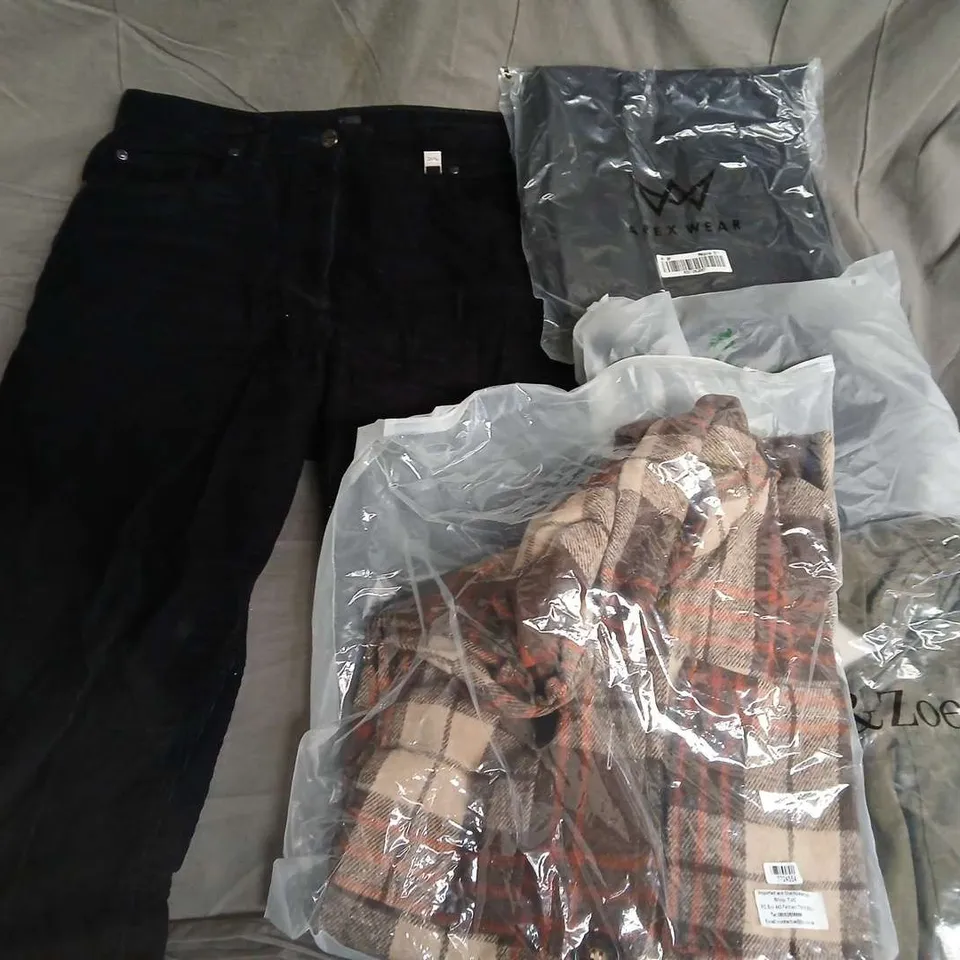 LARGE BOX OF ASSORTED CLOTHING ITEMS IN VARIOUS SIZES, STYLES AND COLOUR TO INCLUDE PANTS, DRESS, JACKETS, ETC