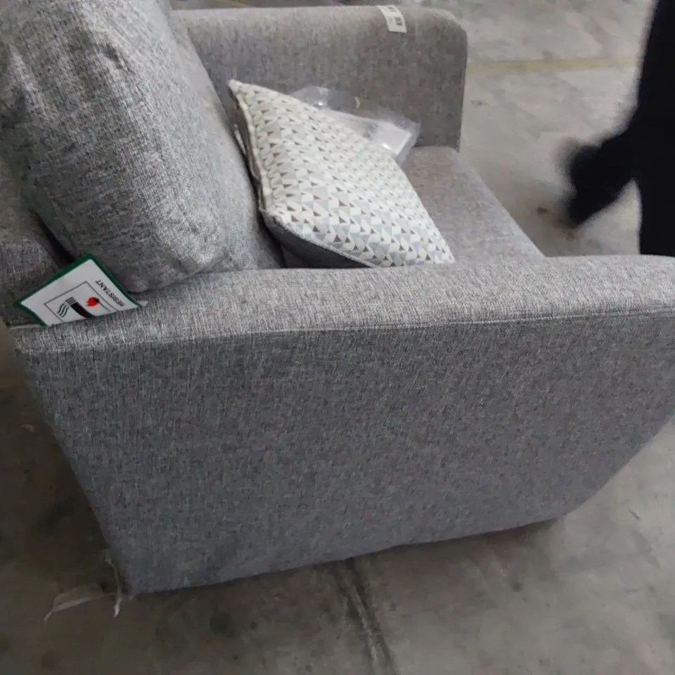 DESIGNER EASY CHAIR GREY FABRIC WITH SCATTER CUSHION