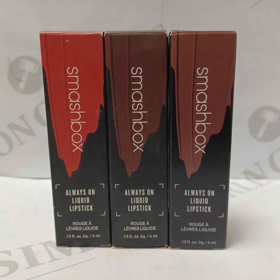 LOT OF 3 SMASHBOX ALWAYS ON LIPSTICKS TO INCLUDE BAJA BOUND, TRUE GRIT, PSYCHIC MEDIUM