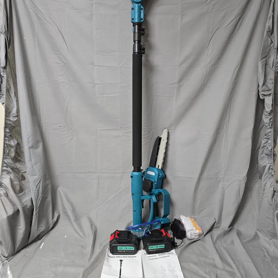 GARDEN TOOLS HIGH BRANCH CORDLESS POLE CHAINSAW – 21V WITH 2 BATTERIES & CHARGER