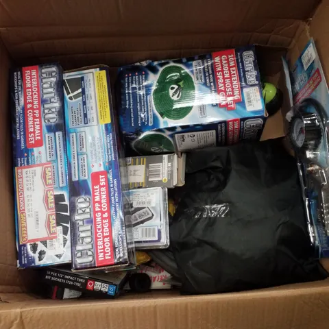 BOX CONTAINING MIXED PRODUCTS INCLUDING INTERLOCKING PP MALE & FEMALE FLOOR EDGE, EXTENDINGBGARDEN HOSE, TWIN CONNECTOR AIRLINE TYRE INFLATOR & HAND RIVETER KIT