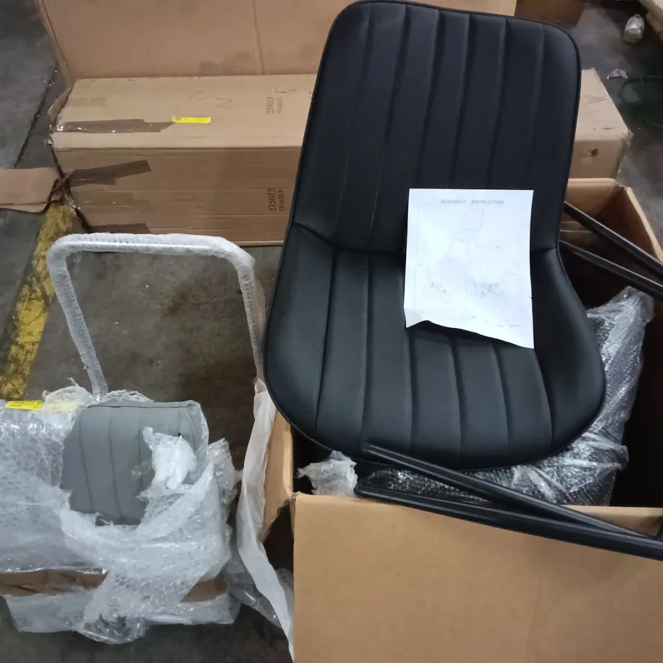 LOT OF 2 DINING CHAIR ITEMS TO INCLUDE PAIR OF BLACK FAUX LEATHER CHAIRS ON BLACK LEGS AND GREY FAUX LEATHER CHAIR ON CHROME LEGS 