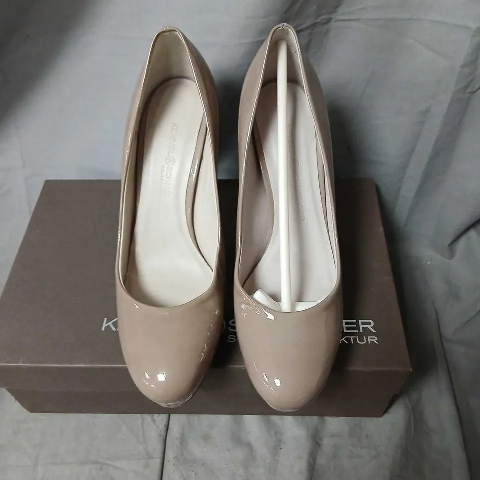 KENNEL & SCHMENGER TAUPE PATENT LEATHER HIGH-HEEL COURT SHOES – SOFTLACK FROST, BOXED SIZE 4